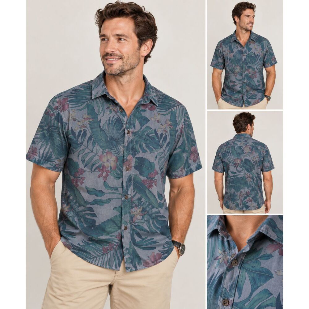 Goodfellow & Co Men's XL NWT Tropical Chambray Camp Shirt Blue Floral Hawaiian